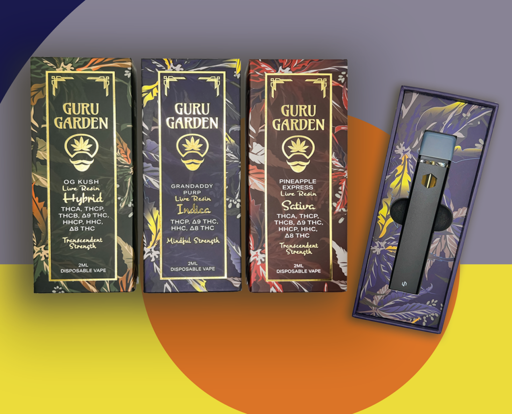 Guru Garden brand showing 4 product boxes for disposable vapes. Exclusively made for Bahama Mama.